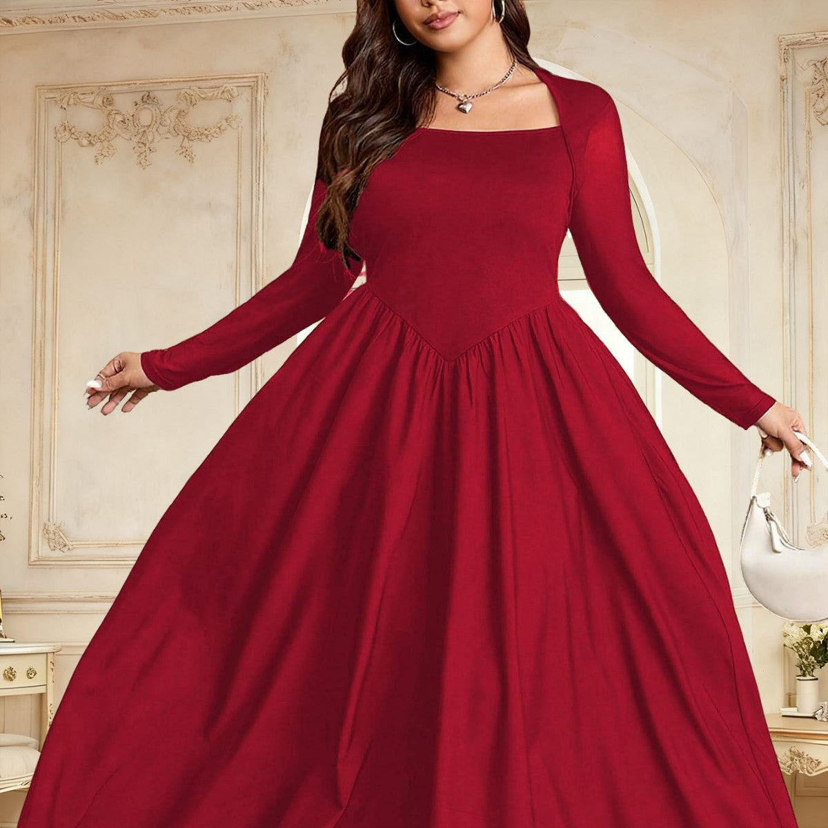 Robe Vintage Col Carré Uni Élégante