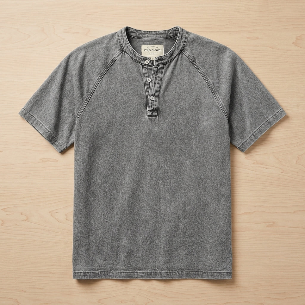 VesperLoom – Vintage Mineral-Wash Raglan Henley Tee | elesira