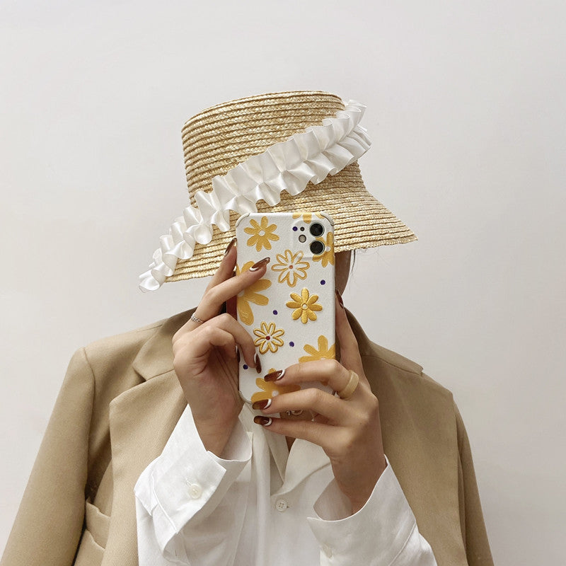 Wide Brim Straw Hat with Ruffled Trim – UV Defense | elesira