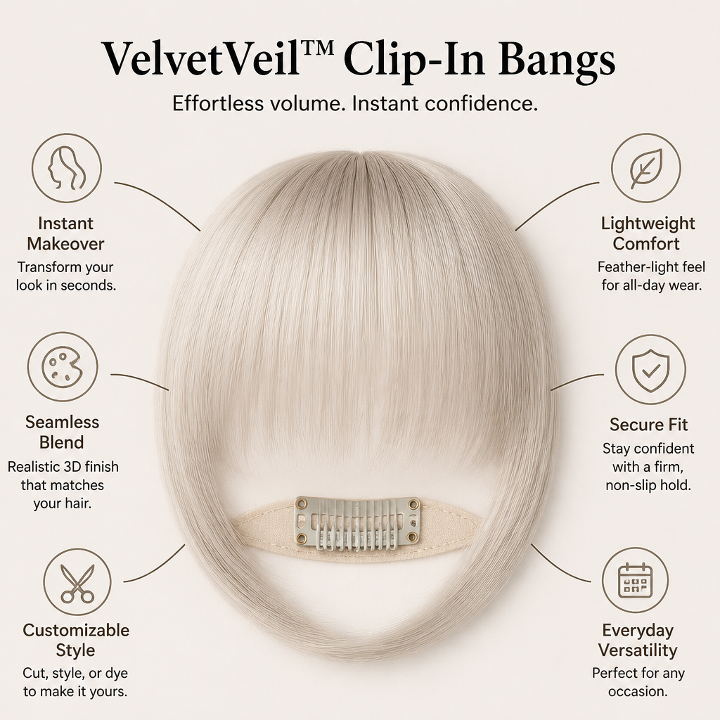 VelvetVeil | Instantly Own Every Room with Effortless, Flawless Bangs | elesira
