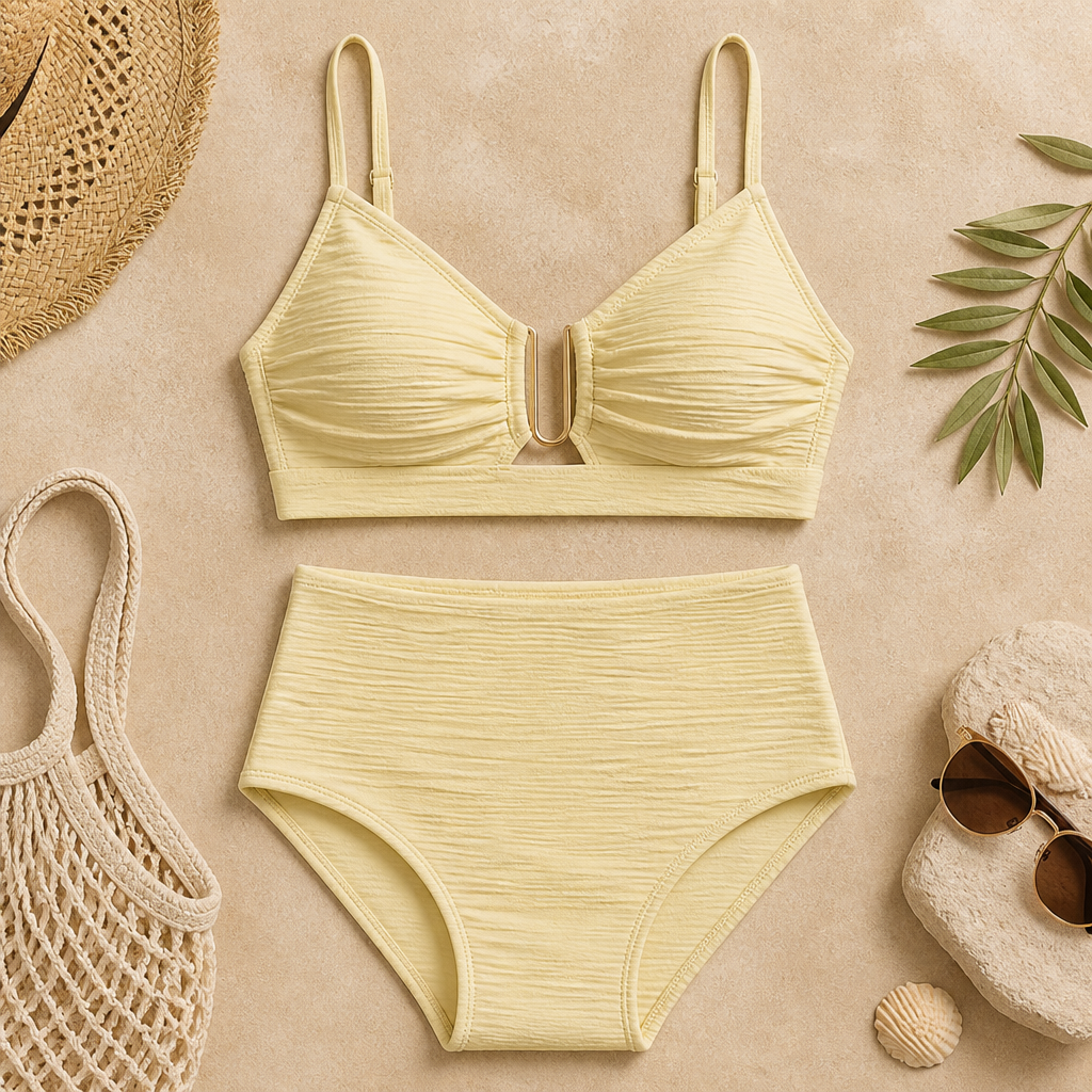 VeloraCurve – Maillot de bikini taille haute gainant le ventre avec armature en U dorée | elesira