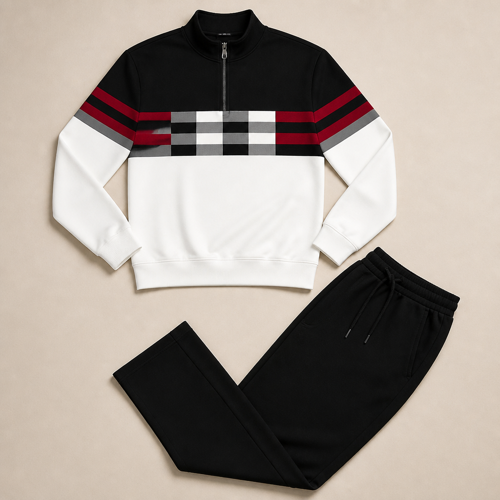 VibeFlex – Ensemble deux pièces contemporain à rayures, col montant et fermeture éclair quart de zip | elesira
