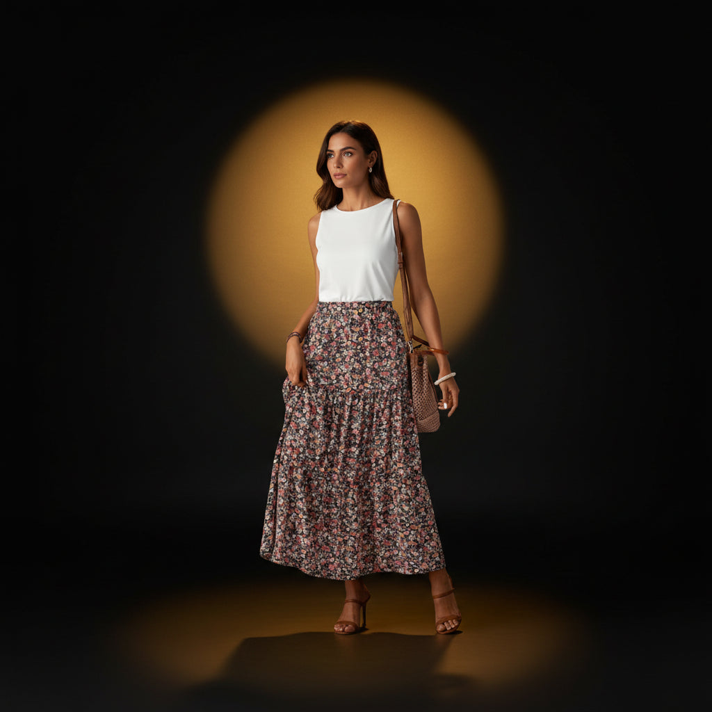 Jupe Bohème Noire — Jupe Longue Fleurie Taille Haute à Volants