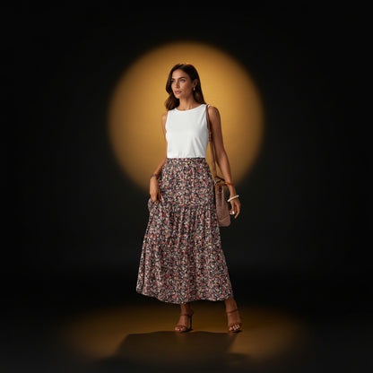 Jupe Bohème Noire — Jupe Longue Fleurie Taille Haute à Volants