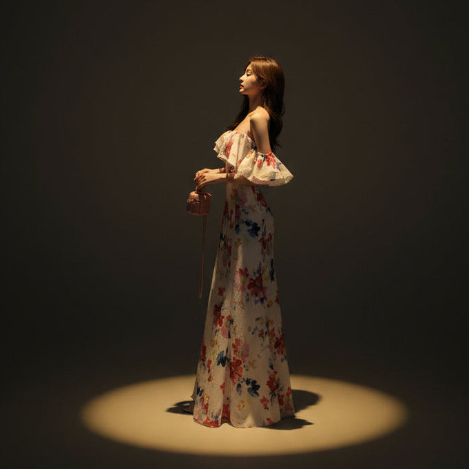 Robe Bretelles Imprimé Floral Volants Bicolore