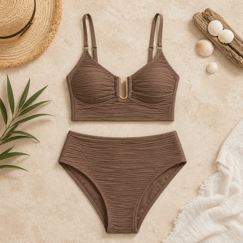VeloraCurve – Maillot de bikini taille haute gainant le ventre avec armature en U dorée | elesira
