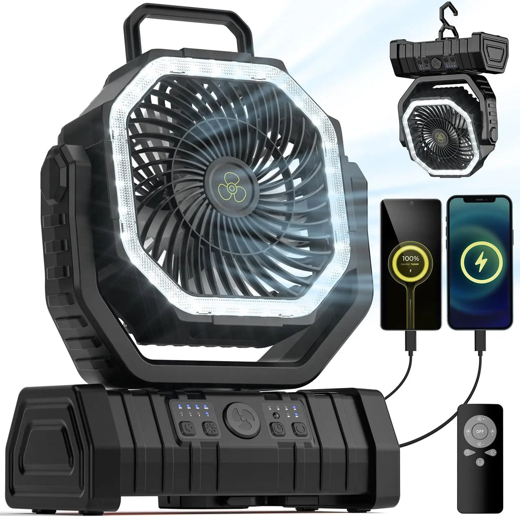 Ventilateur de camping polyvalent de 20000mAh avec éclairage et batterie externe | elesira