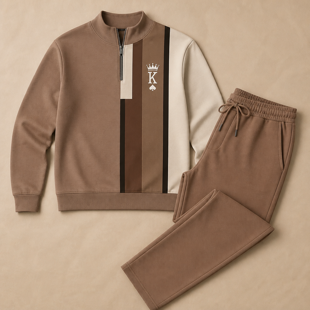 VibeFlex – Ensemble deux pièces contemporain à rayures, col montant et fermeture éclair quart de zip | elesira