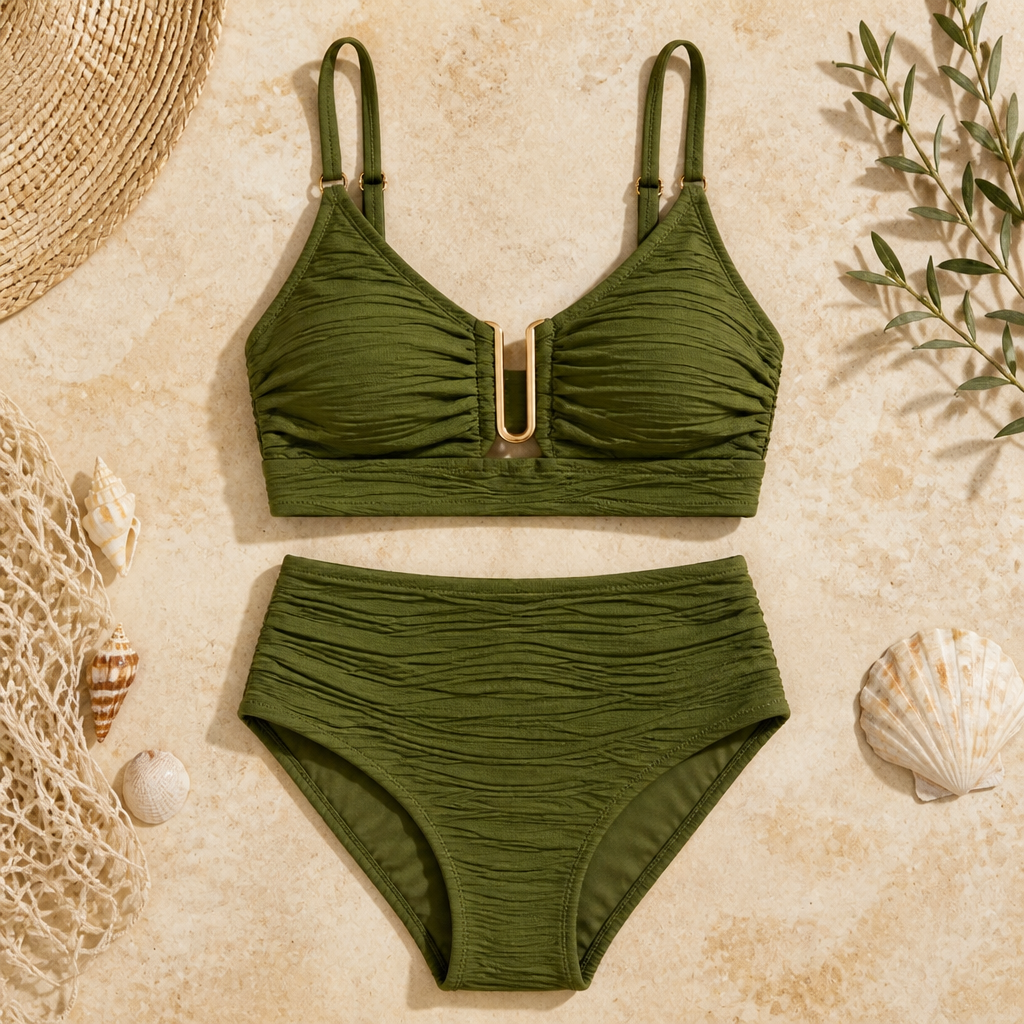 VeloraCurve – Maillot de bikini taille haute gainant le ventre avec armature en U dorée | elesira