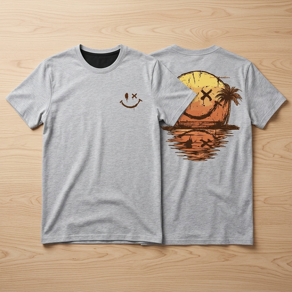 SolaraWave – Retro Sunset Smiley Graphic Tee with Front & Back Print | elesira