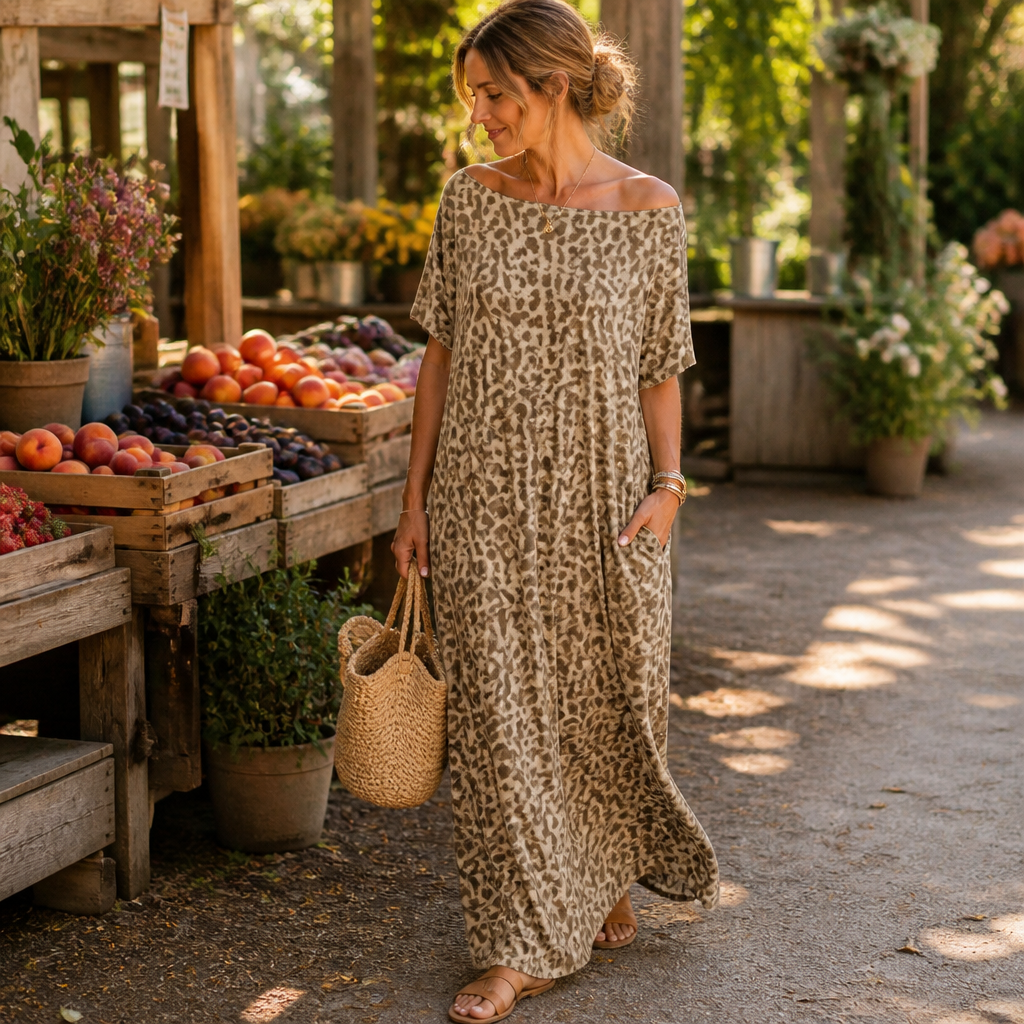 SolariaFlow – Comfortable Off-Shoulder Maxi Dress Featuring Concealed Pockets | elesira