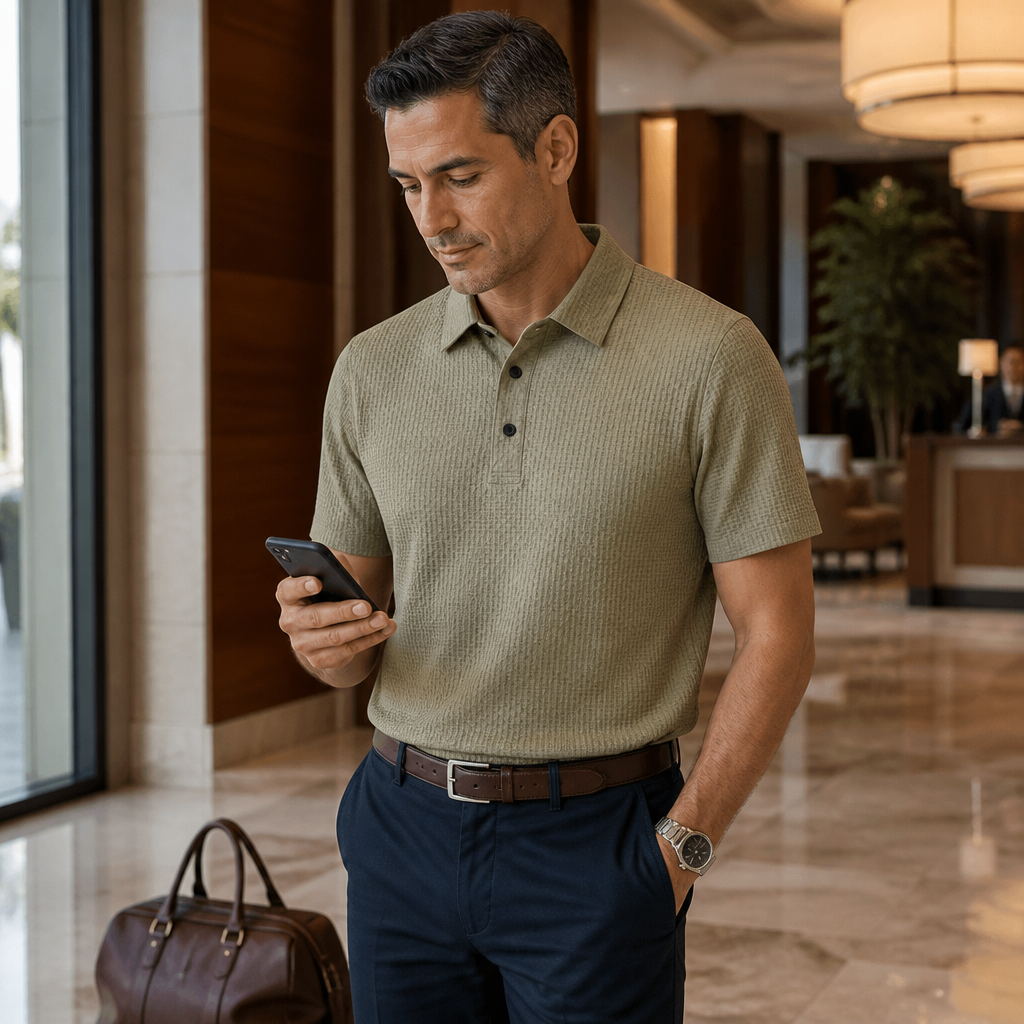 VentraBreeze – Breathable Textured Knit Polo Featuring Snap-Button Placket | elesira