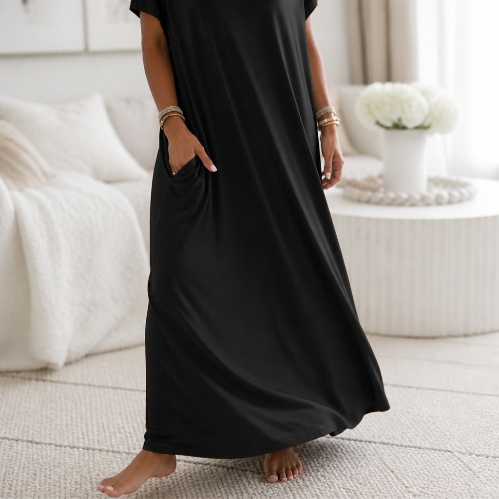 SolariaFlow – Comfortable Off-Shoulder Maxi Dress Featuring Concealed Pockets | elesira