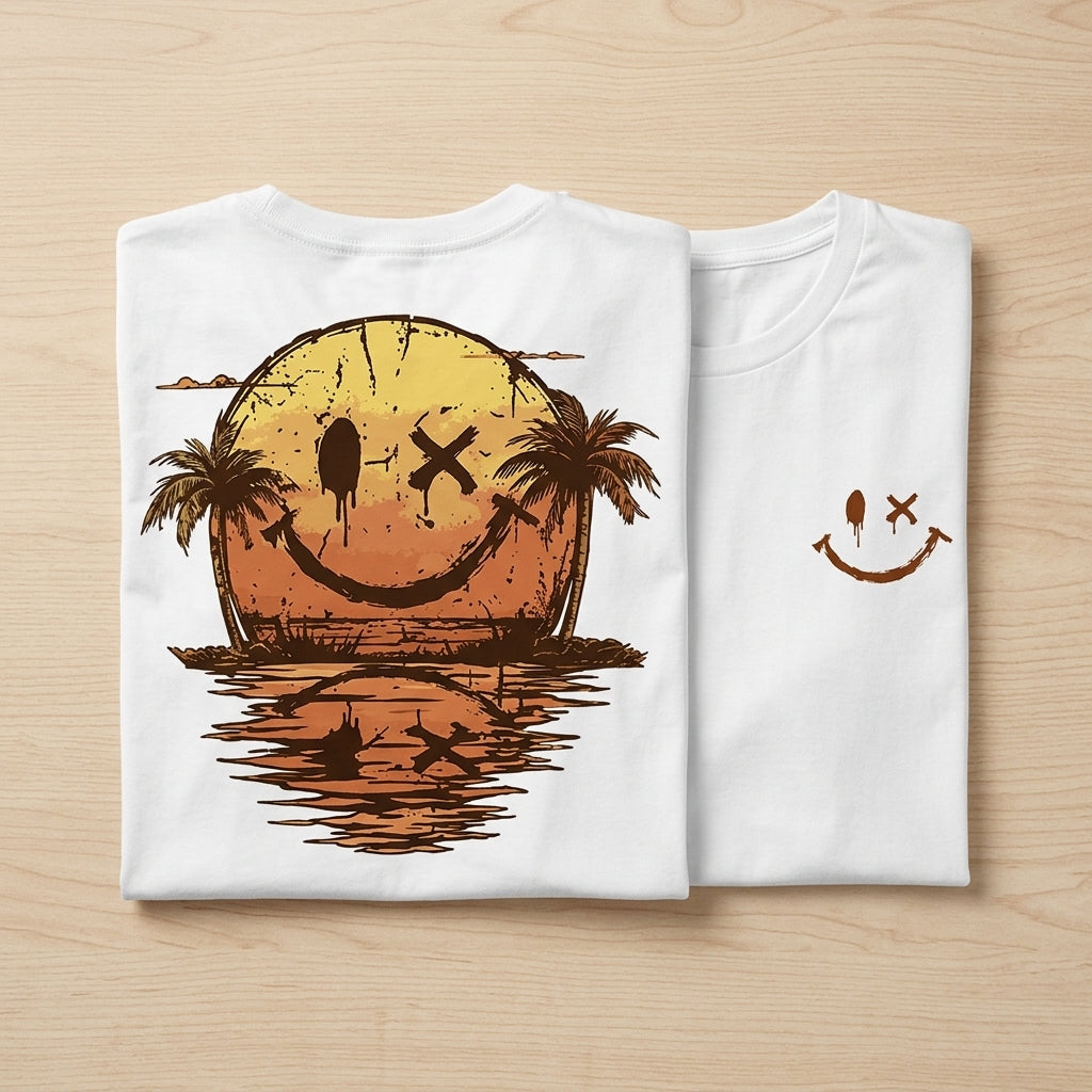 SolaraWave – Retro Sunset Smiley Graphic Tee with Front & Back Print | elesira