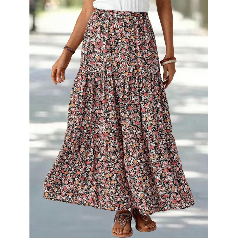 Jupe Bohème Noire — Jupe Longue Fleurie Taille Haute à Volants