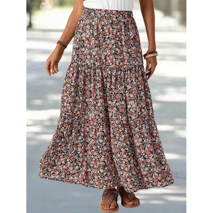 Jupe Bohème Noire — Jupe Longue Fleurie Taille Haute à Volants