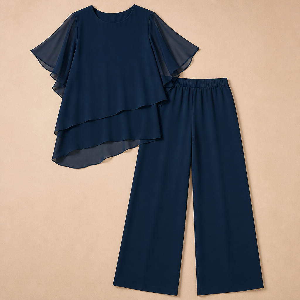 VeloraFit – Elegante completo a due pezzi con pantaloni e chiffon asimmetrico | elesira
