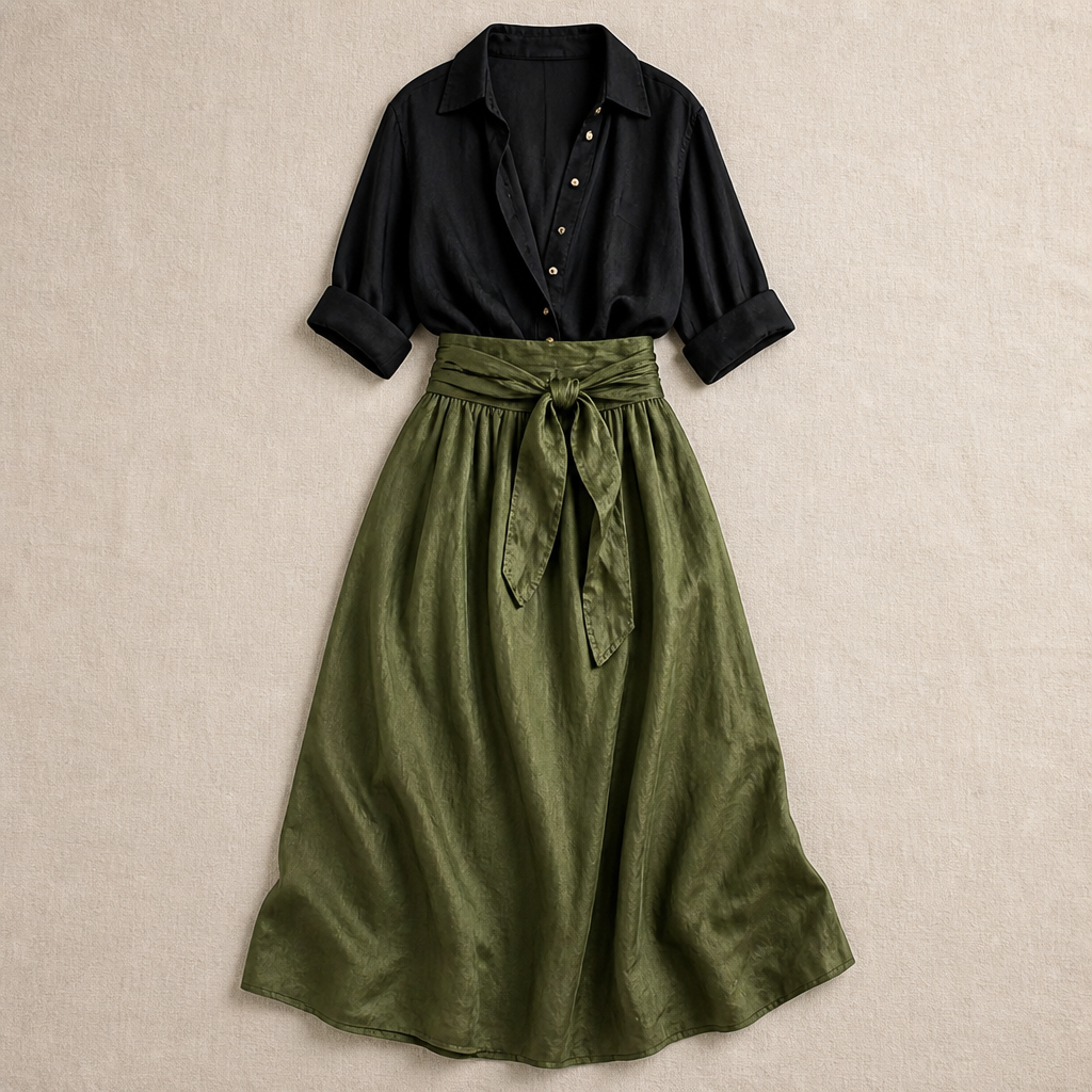 Veloura – Ensemble décontracté composé d’une chemise en lin et d’une jupe midi olive à taille nouée | elesira
