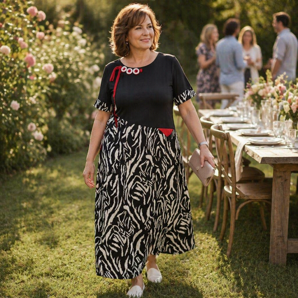 VeraNite – Auffälliges Maxikleid mit Zebra-Patchwork und rotem Akzentdetail | elesira