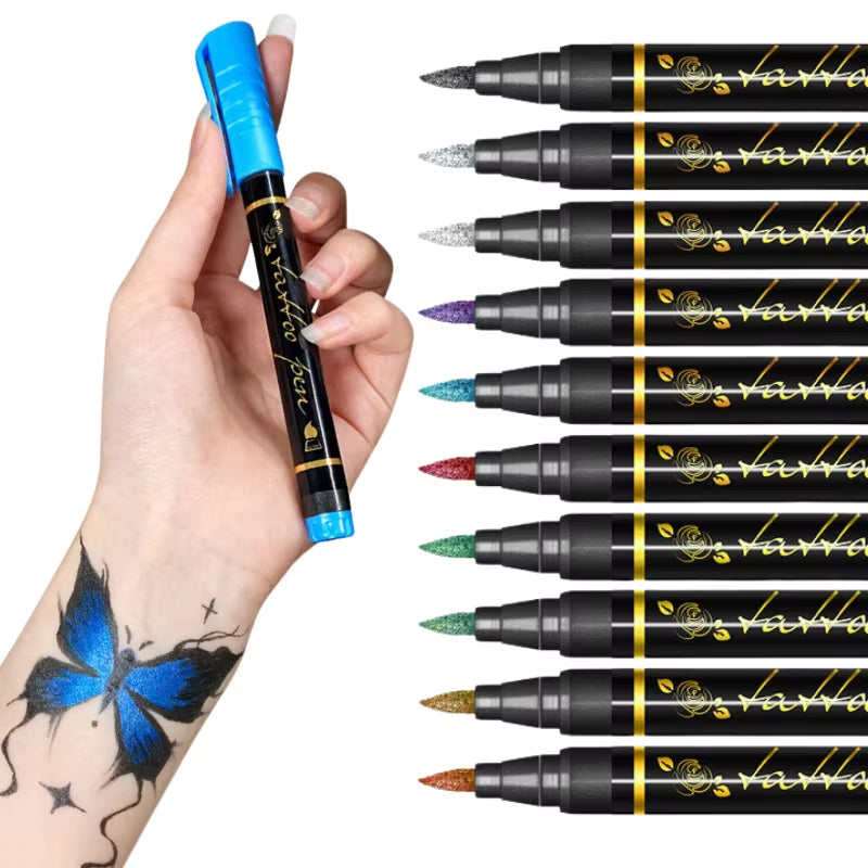 Skin-Friendly Brush Tip Markers for Temporary Tattoos - Set of 10 Colors | elesira