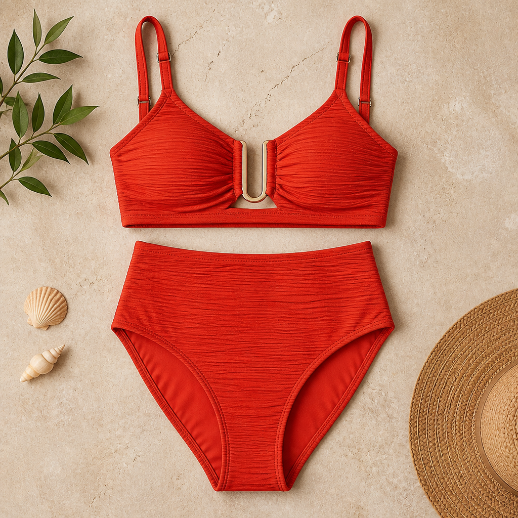 VeloraCurve – Maillot de bikini taille haute gainant le ventre avec armature en U dorée | elesira