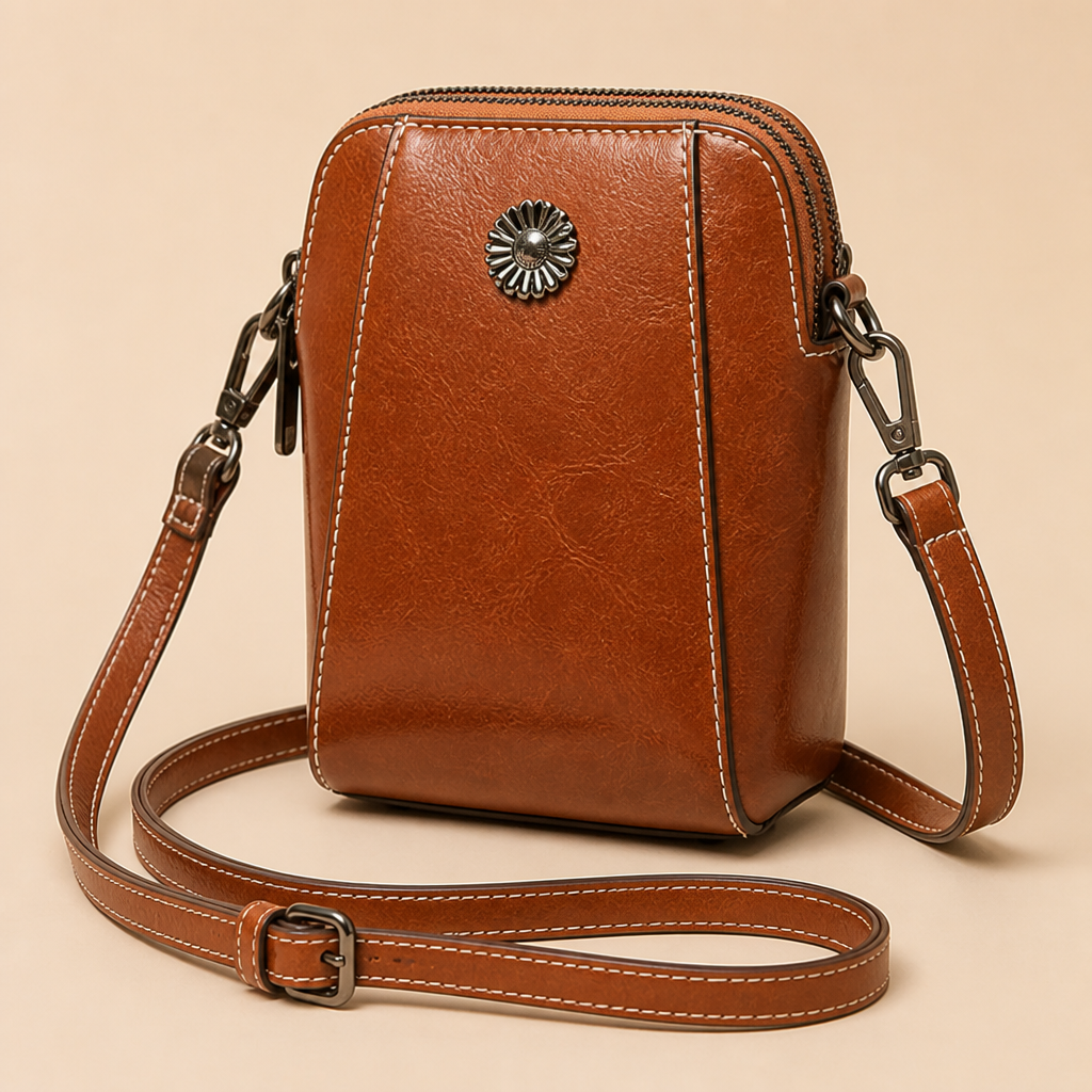VeroLuxe – Leren crossbodytelefoontas met vintage olieafwerking en verstelbare band | elesira