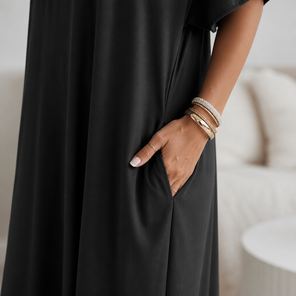 SolariaFlow – Comfortable Off-Shoulder Maxi Dress Featuring Concealed Pockets | elesira