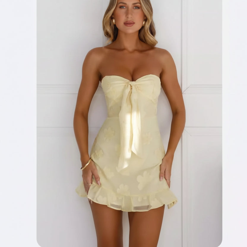 Robe Bow & Glow — Mini Bustier à Nœud Fleuri