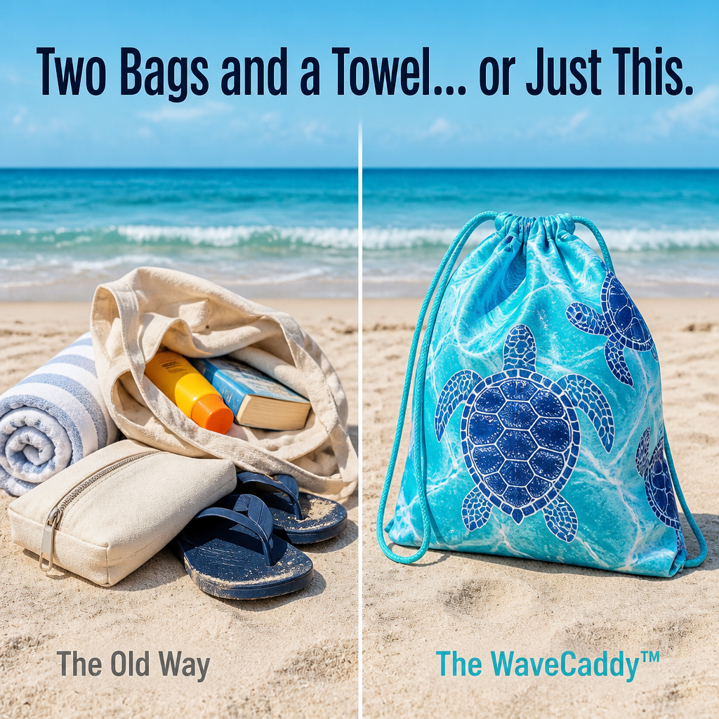 WaveCaddy | Tag alt, hvad du skal bruge til en dag på stranden, med i én kombineret håndklæde-rygsæk | elesira
