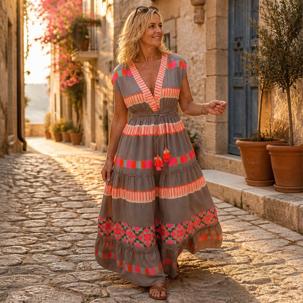 Solana – Bohemian maxi-jurk met V-hals, laagjes en strik met kwastjes in print | elesira