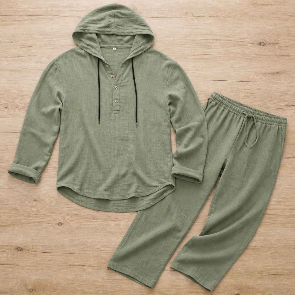 VeloShift – Relaxed Linen-Blend Hooded Set with Button Henley Top | elesira