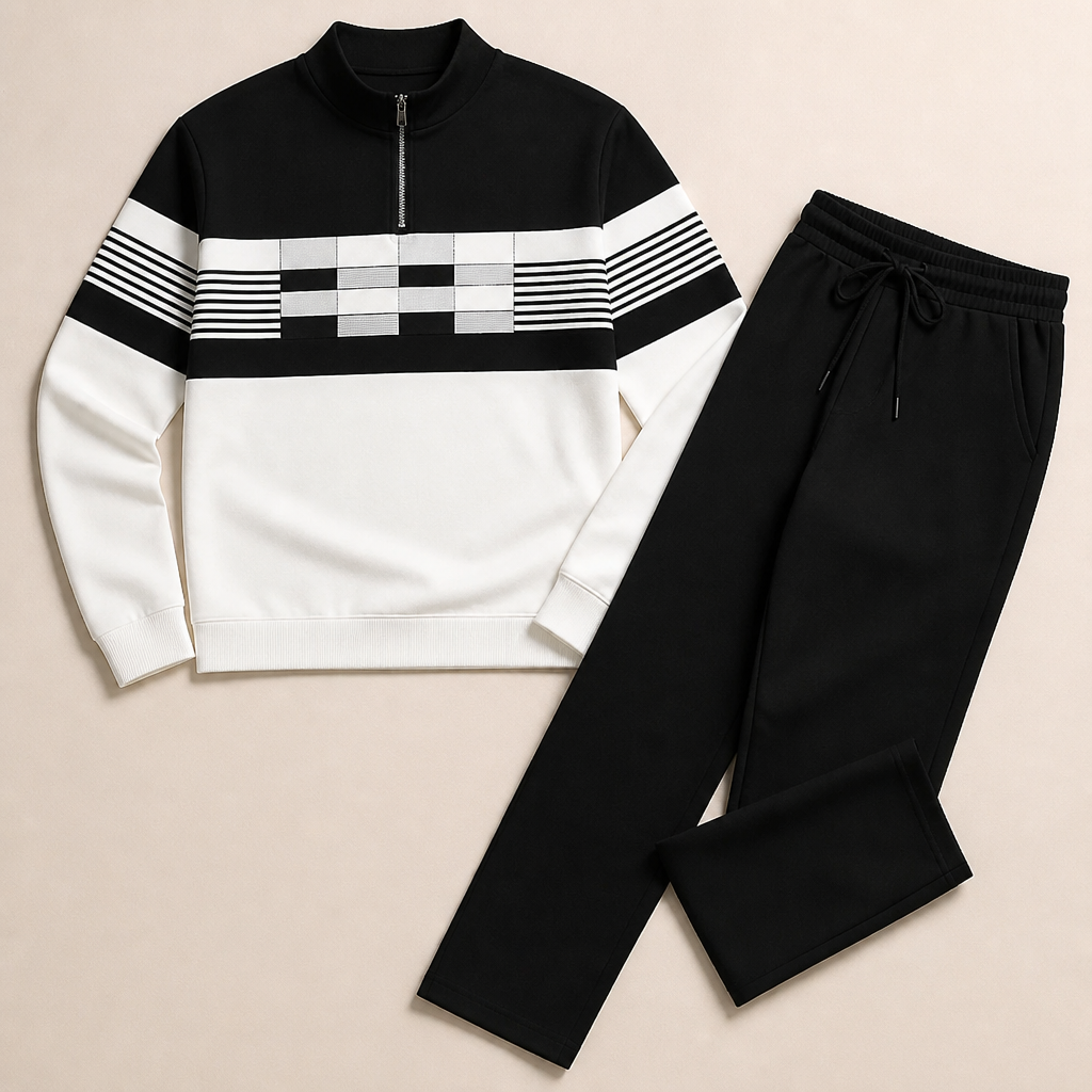 VibeFlex – Ensemble deux pièces contemporain à rayures, col montant et fermeture éclair quart de zip | elesira