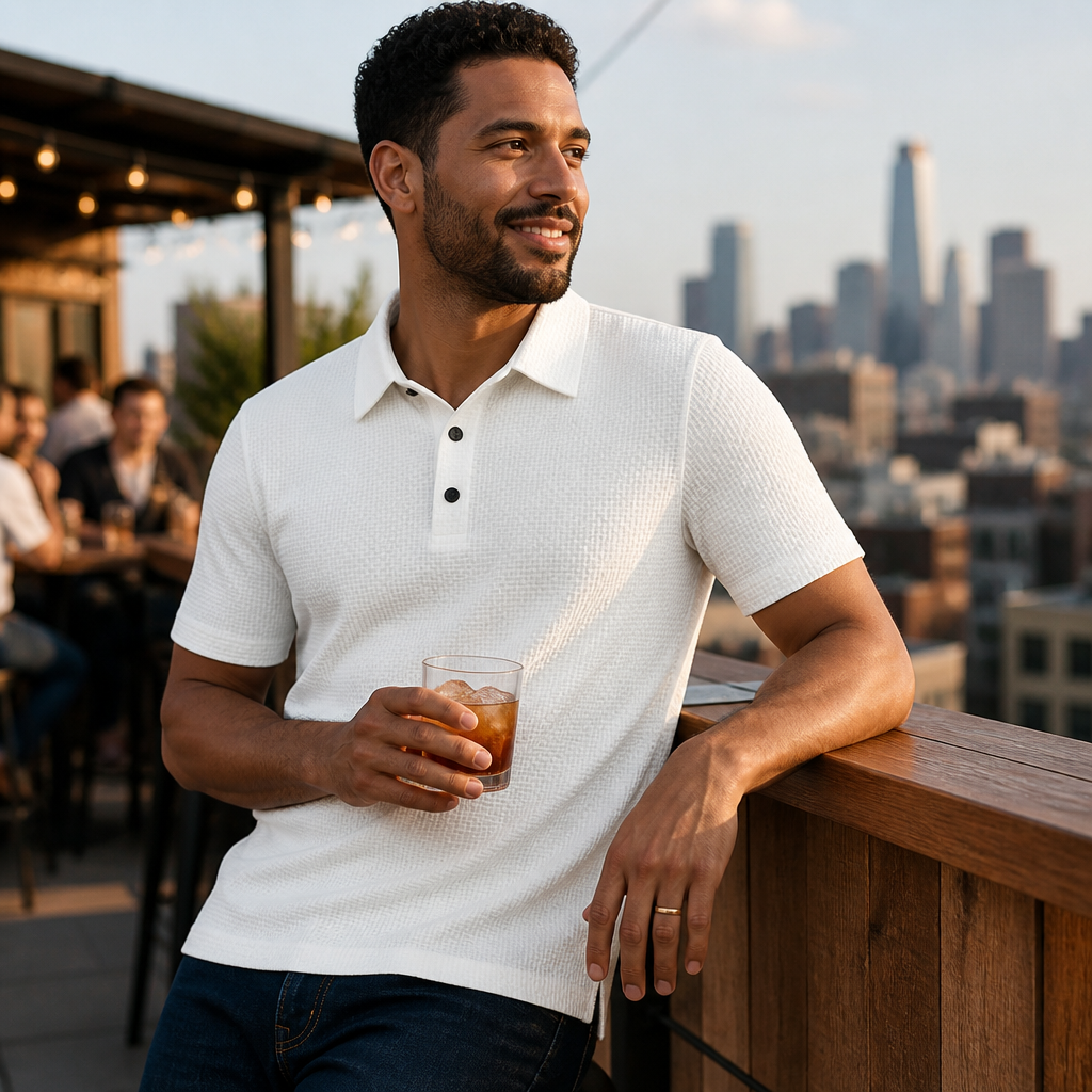 VentraBreeze – Breathable Textured Knit Polo Featuring Snap-Button Placket | elesira