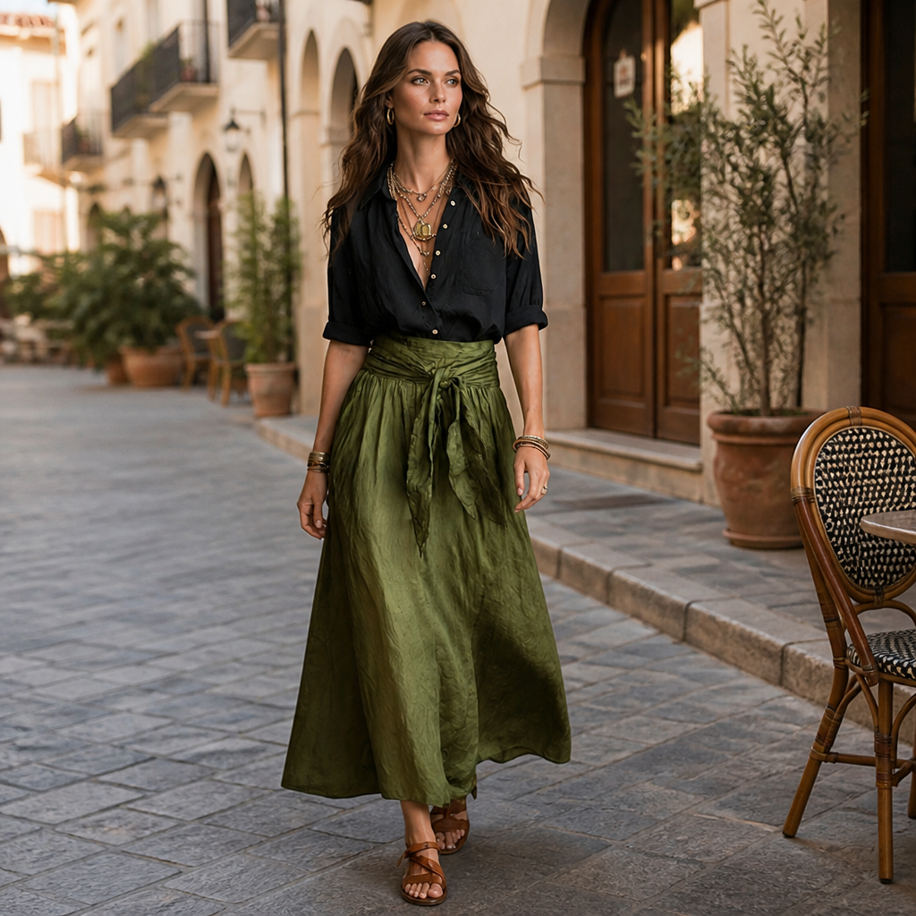 Veloura – Ensemble décontracté composé d’une chemise en lin et d’une jupe midi olive à taille nouée | elesira