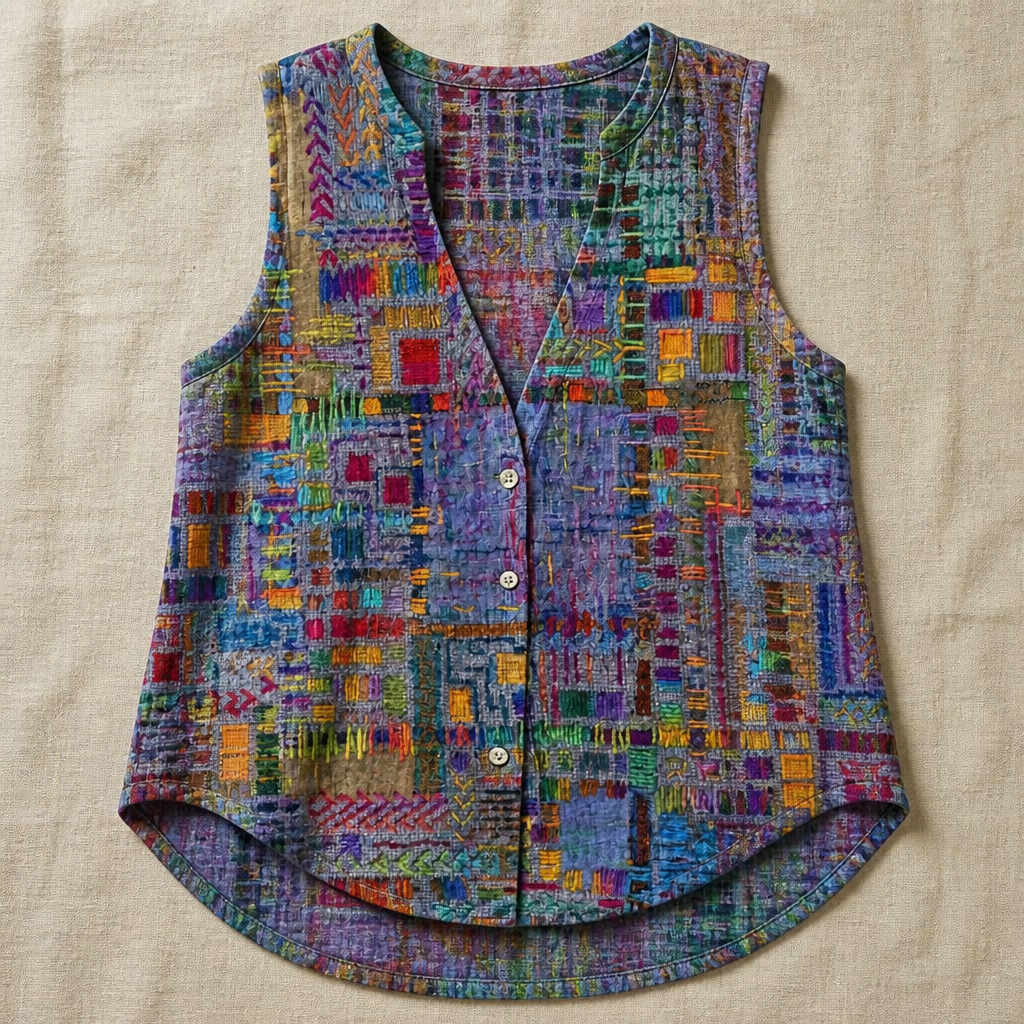 ViviaHue – Kunstnerisk patchworkbluse med knapper, uden ærmer og med V-hals | elesira