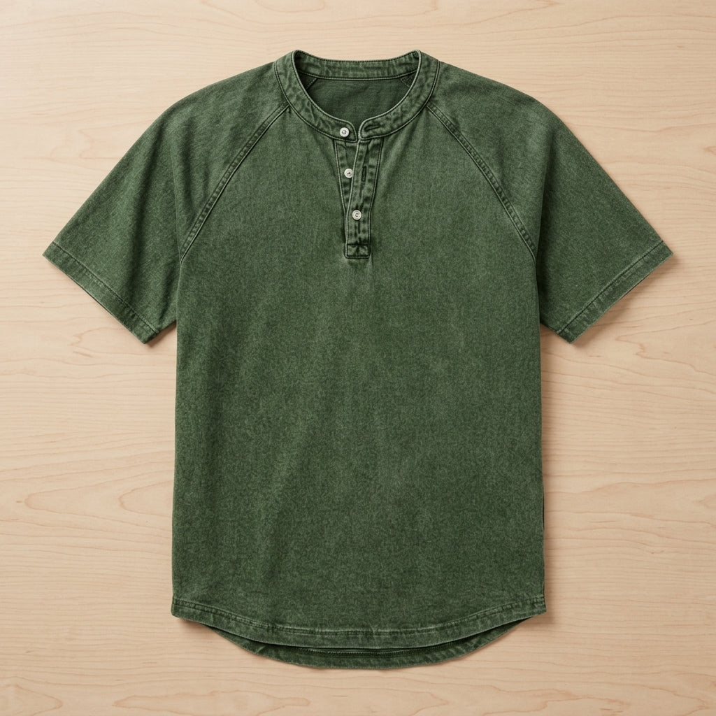 VesperLoom – Vintage Mineral-Wash Raglan Henley Tee | elesira