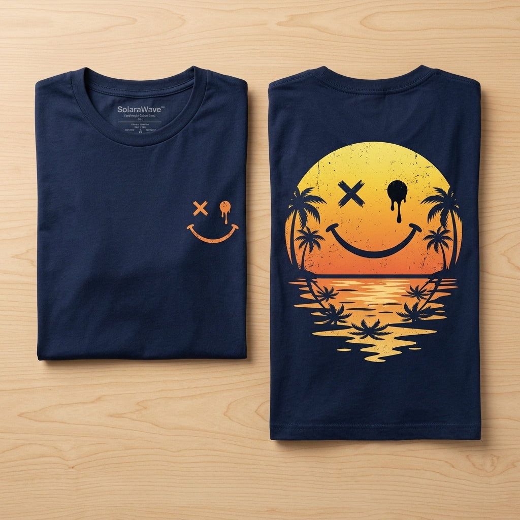 SolaraWave – Retro Sunset Smiley Graphic Tee with Front & Back Print | elesira