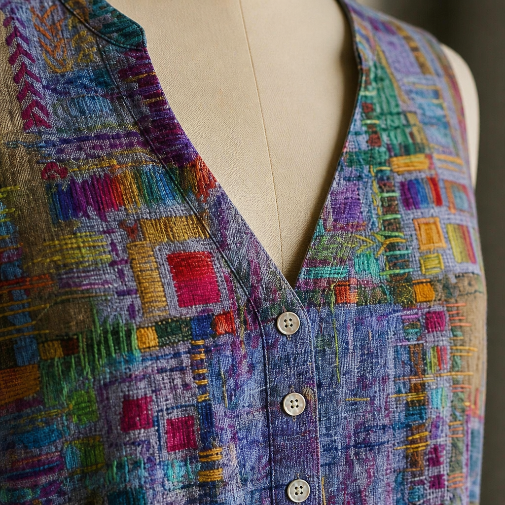 ViviaHue – Kunstnerisk patchworkbluse med knapper, uden ærmer og med V-hals | elesira