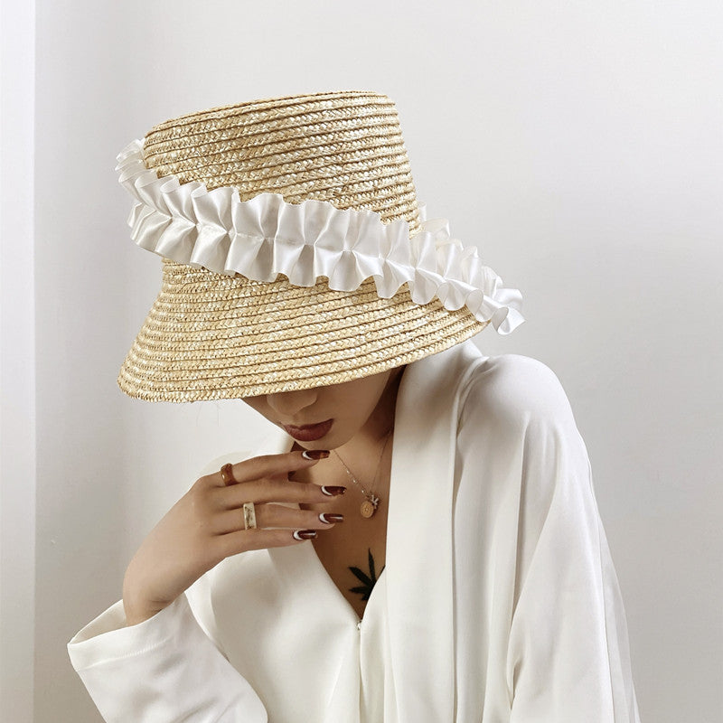 Wide Brim Straw Hat with Ruffled Trim – UV Defense | elesira