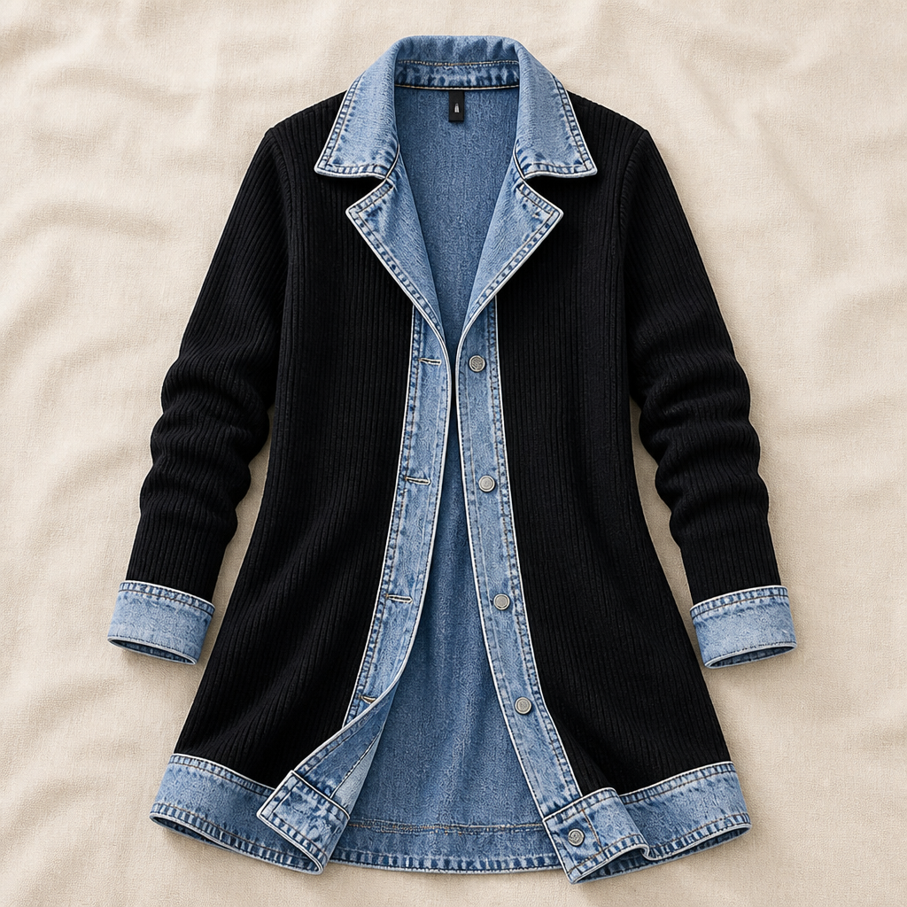 SolaceRidge – Weiche gerippte Strickjacke mit kontrastierendem Denim-Besatz | elesira