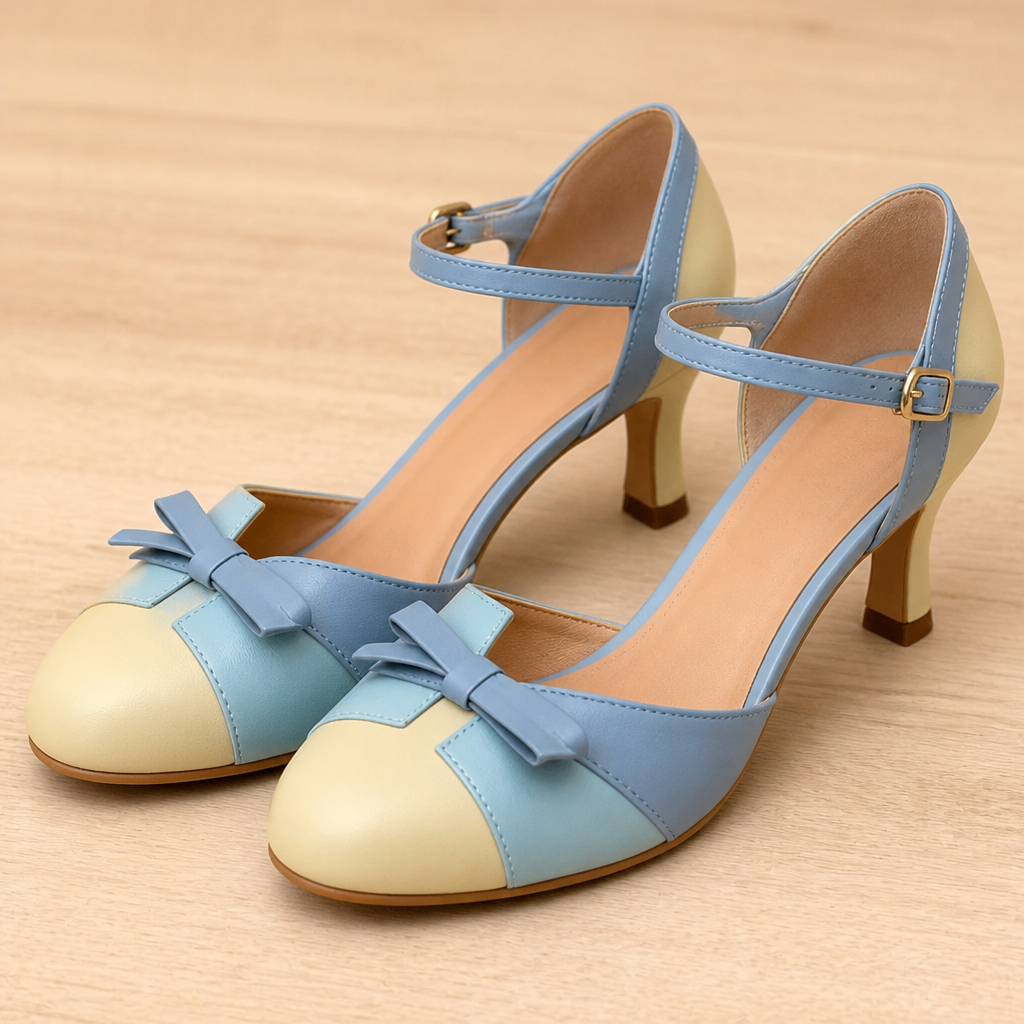 SolaceStride – Vintage Two-Tone Bow Heels with Adjustable Ankle Strap | elesira