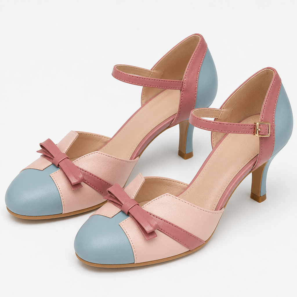 SolaceStride – Vintage Two-Tone Bow Heels with Adjustable Ankle Strap | elesira