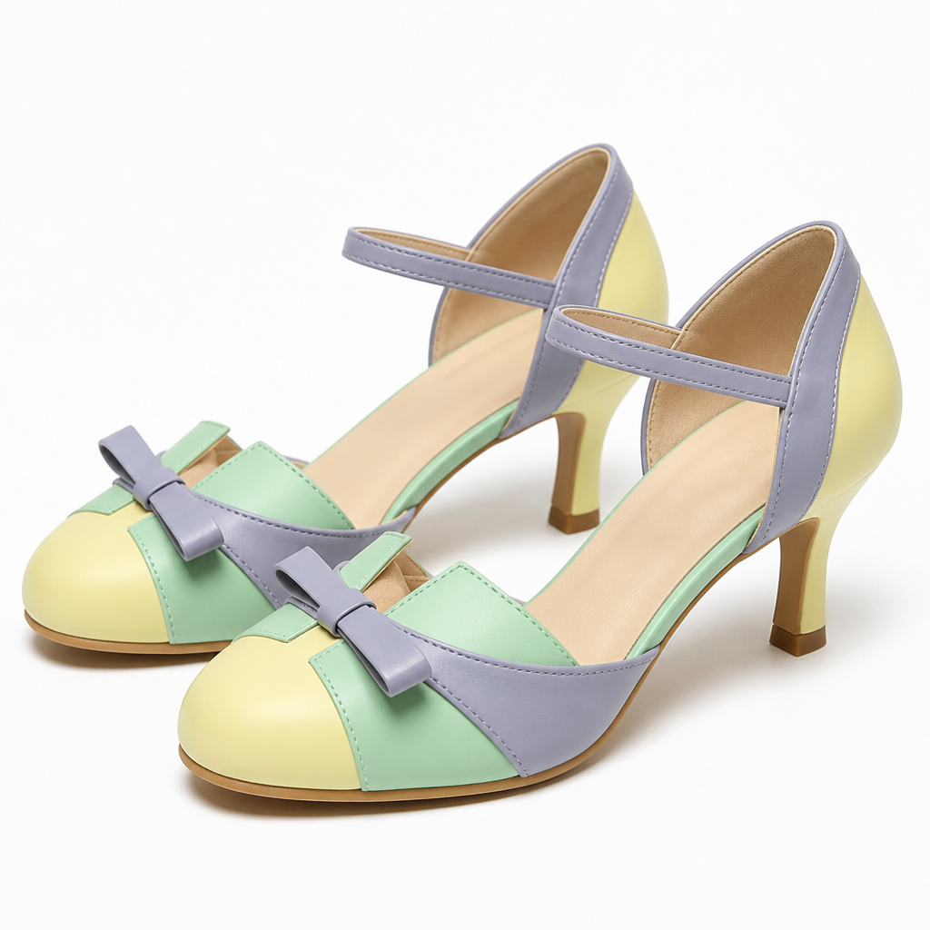 SolaceStride – Vintage Two-Tone Bow Heels with Adjustable Ankle Strap | elesira