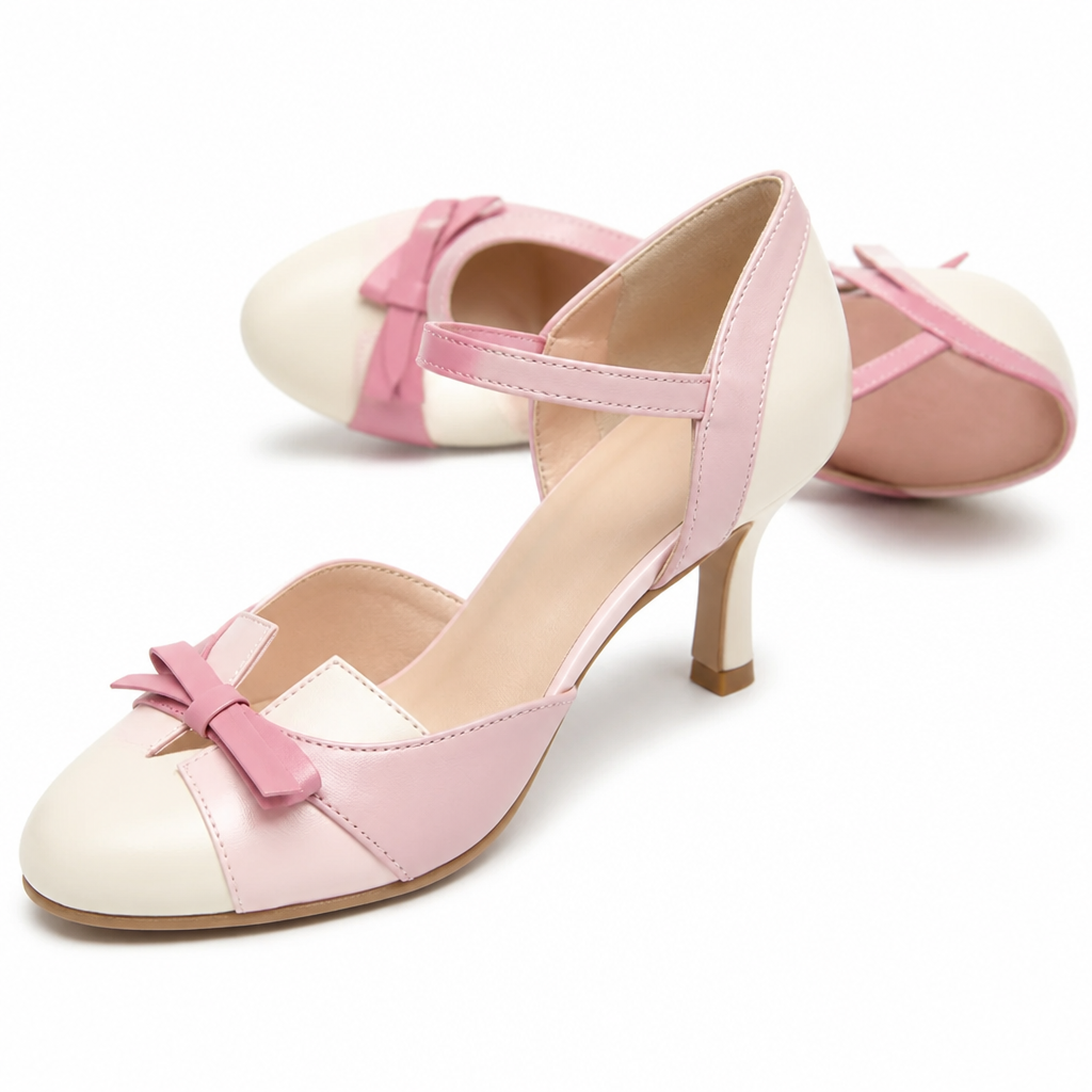 SolaceStride – Vintage Two-Tone Bow Heels with Adjustable Ankle Strap | elesira