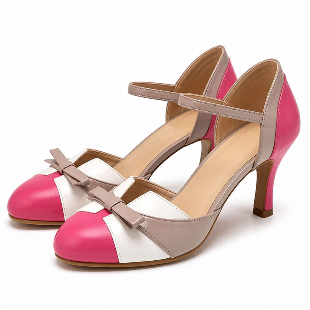 SolaceStride – Vintage Two-Tone Bow Heels with Adjustable Ankle Strap | elesira