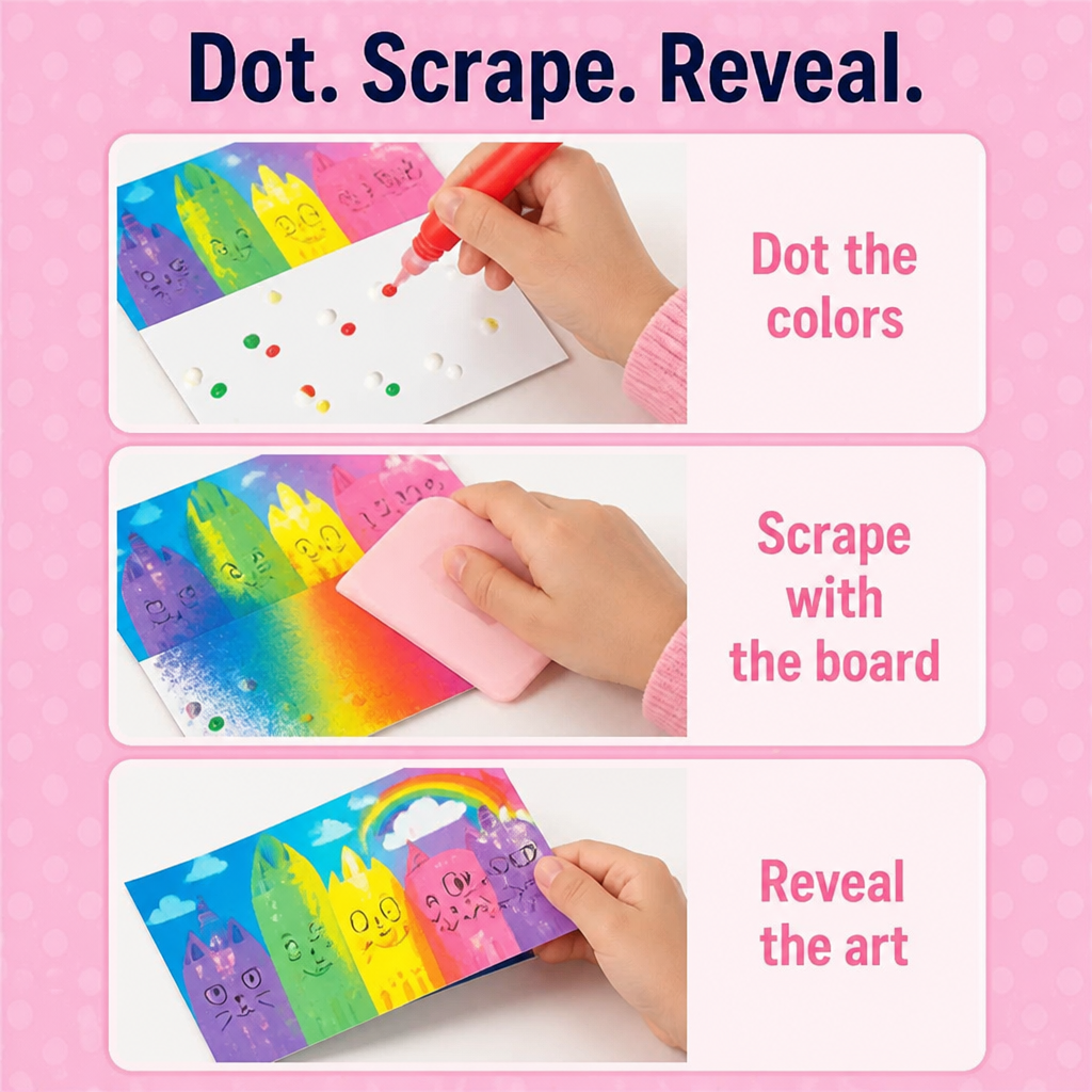 VividSpark | Dibuja, raspa y revela arte arcoíris que los niños dominan en minutos - Set de 35 piezas sin ensuciar | elesira