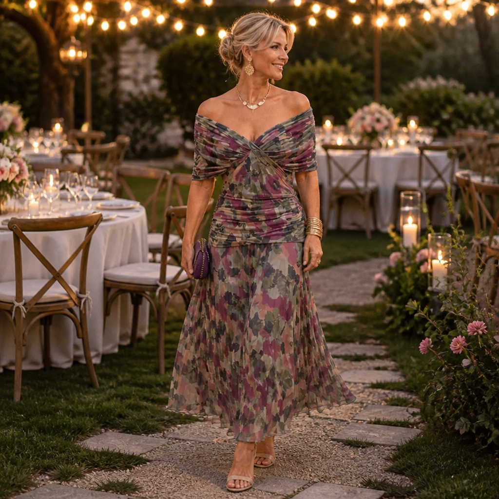 VeloraMist – Vestido de chiffon elegante, drapeado e com ombros descobertos, e saia sereia esvoaçante | elesira