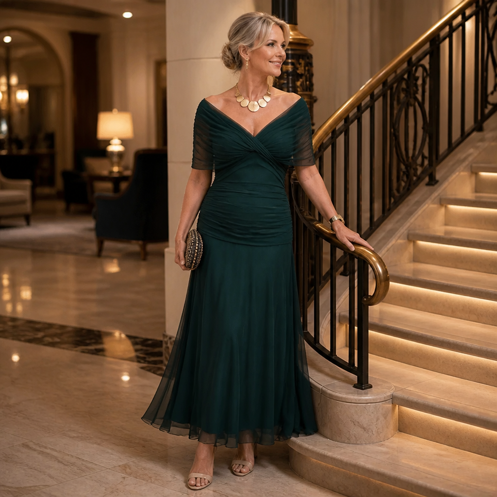 VeloraMist – Vestido de chiffon elegante, drapeado e com ombros descobertos, e saia sereia esvoaçante | elesira