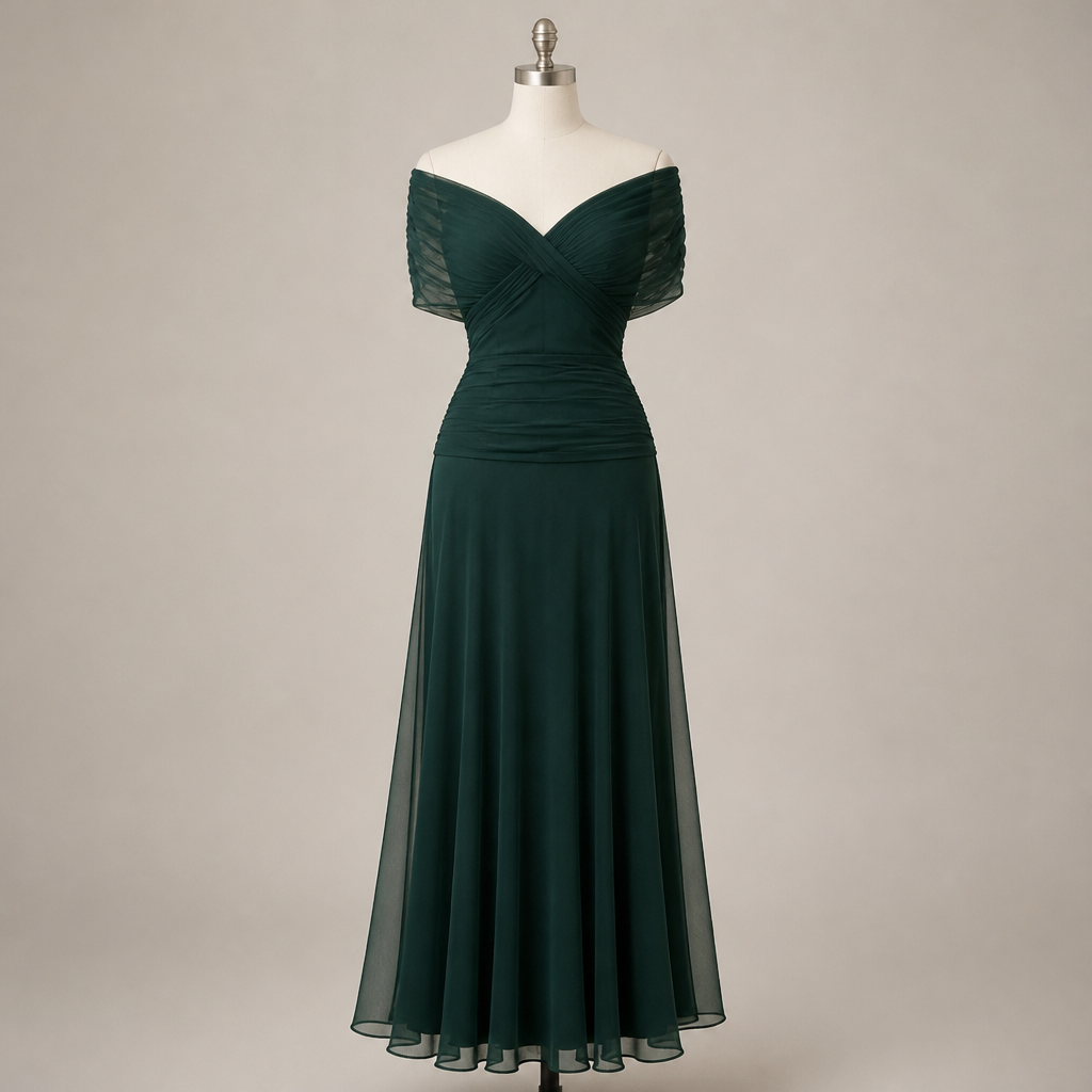 VeloraMist – Vestido de chiffon elegante, drapeado e com ombros descobertos, e saia sereia esvoaçante | elesira