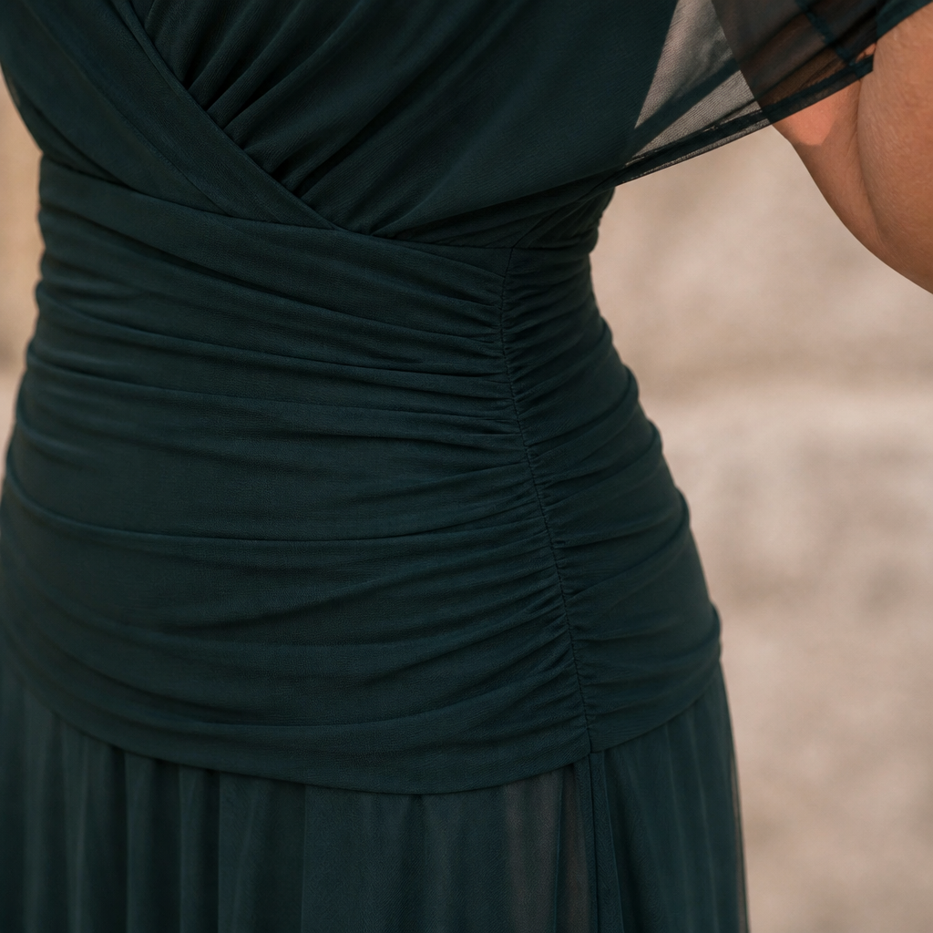VeloraMist – Vestido de chiffon elegante, drapeado e com ombros descobertos, e saia sereia esvoaçante | elesira